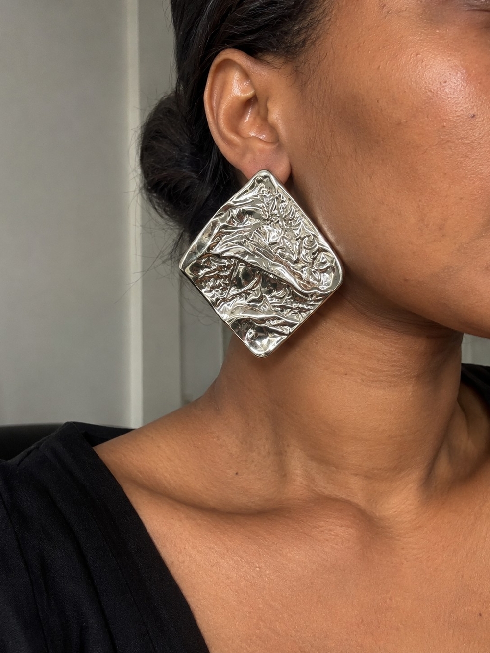 Silver Textured Square Statement Earrings - Women Jewelry